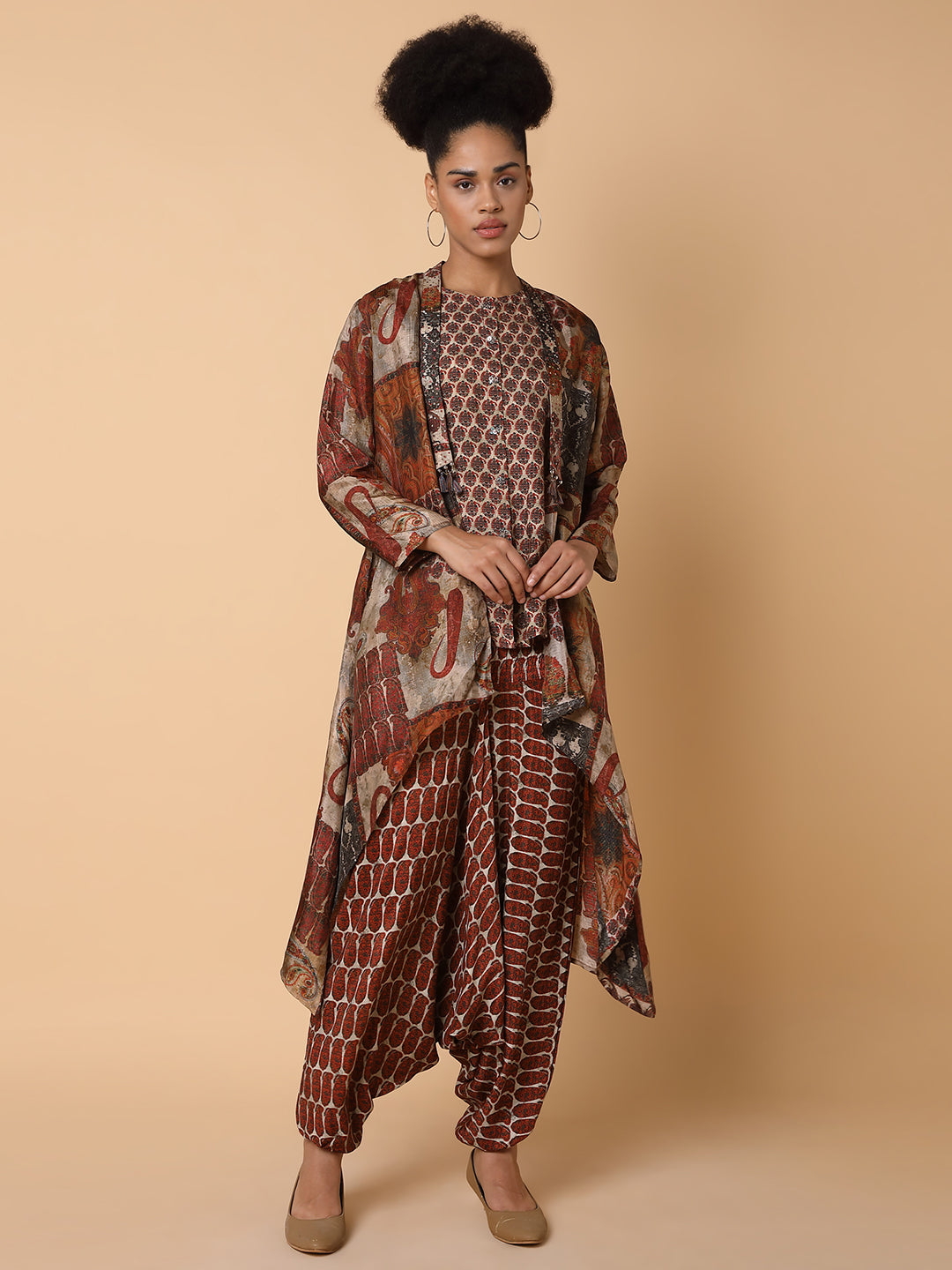 Women Printed Round Neck Brown Co-Ord Set