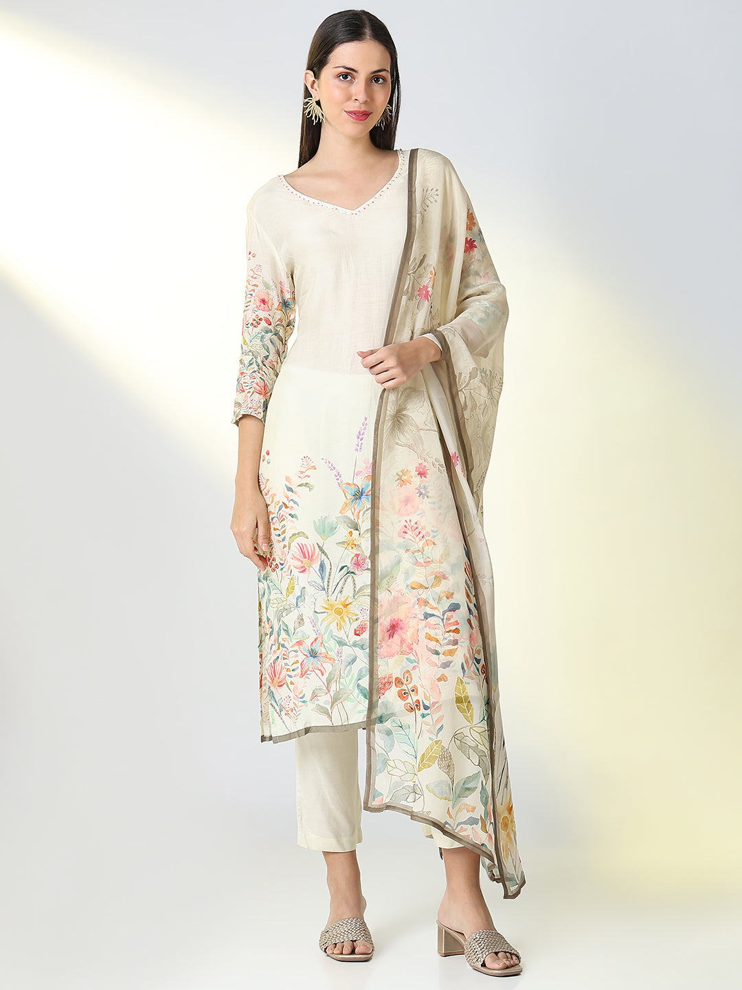 Women Cream Floral Straight Kurta Set with Dupatta