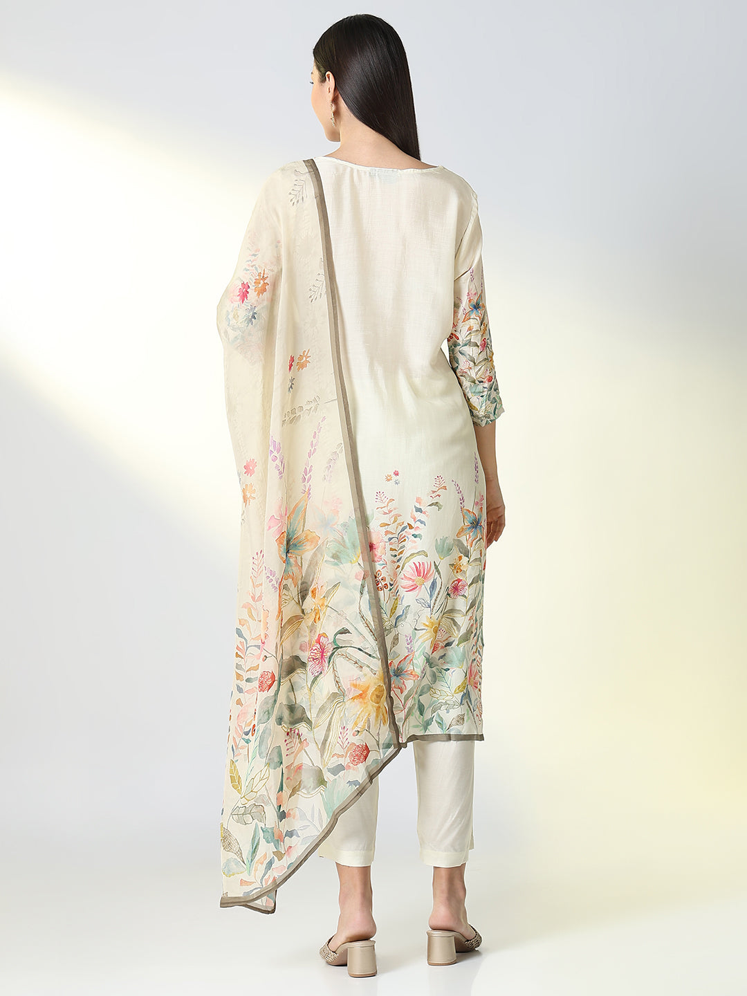 Women Cream Floral Straight Kurta Set with Dupatta