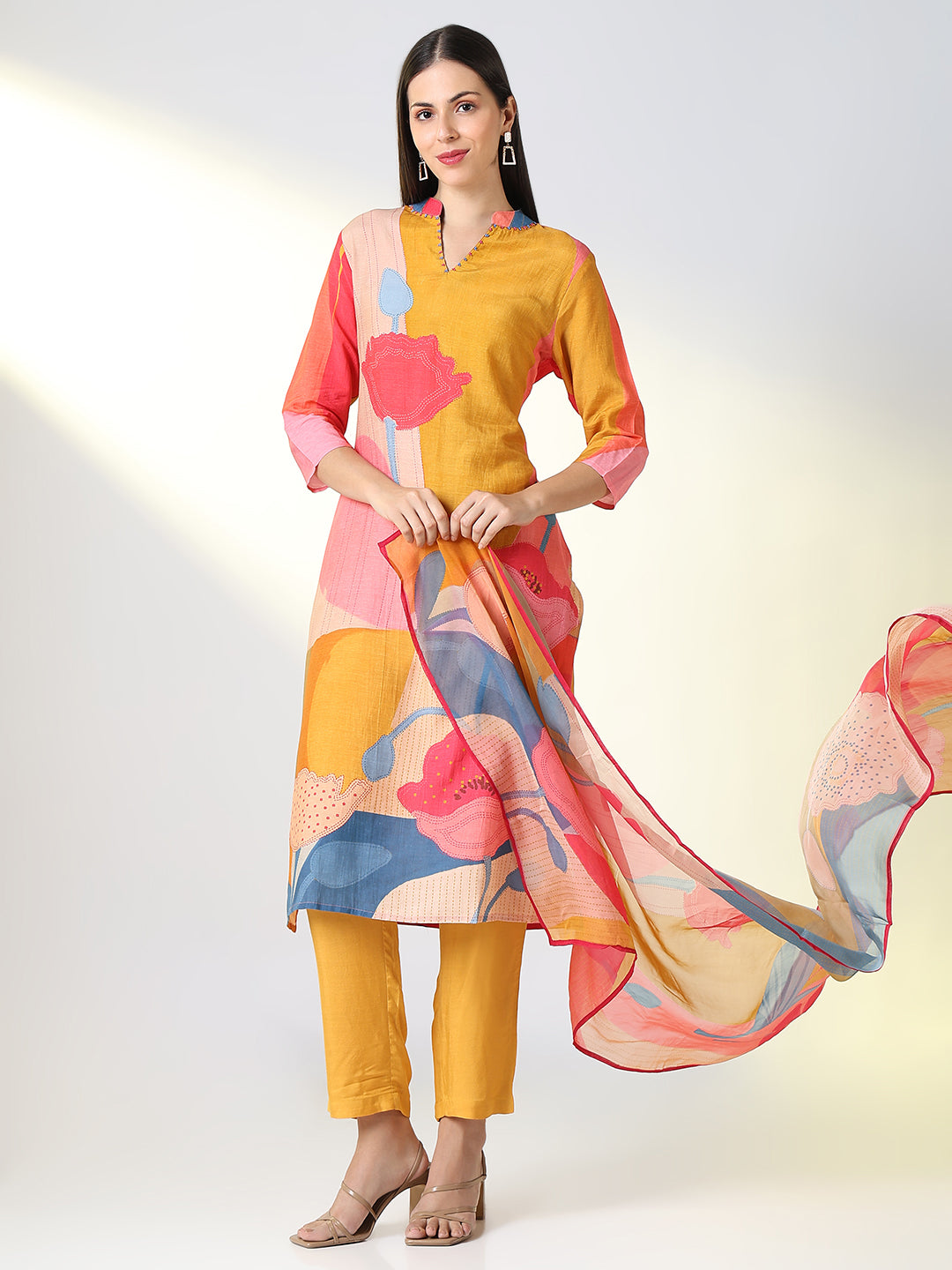 Women Mustard Floral Straight Kurta Set with Dupatta