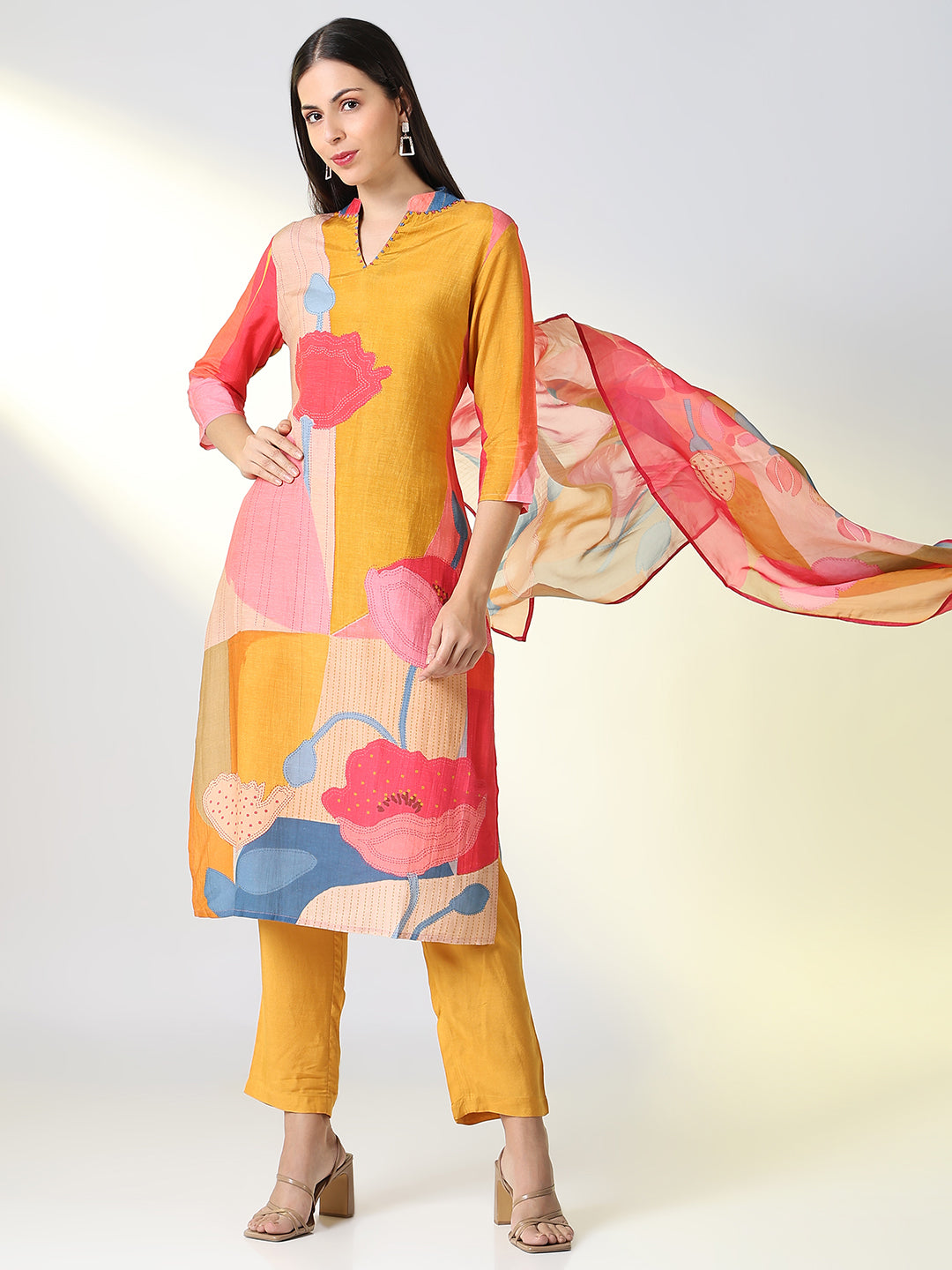 Women Mustard Floral Straight Kurta Set with Dupatta