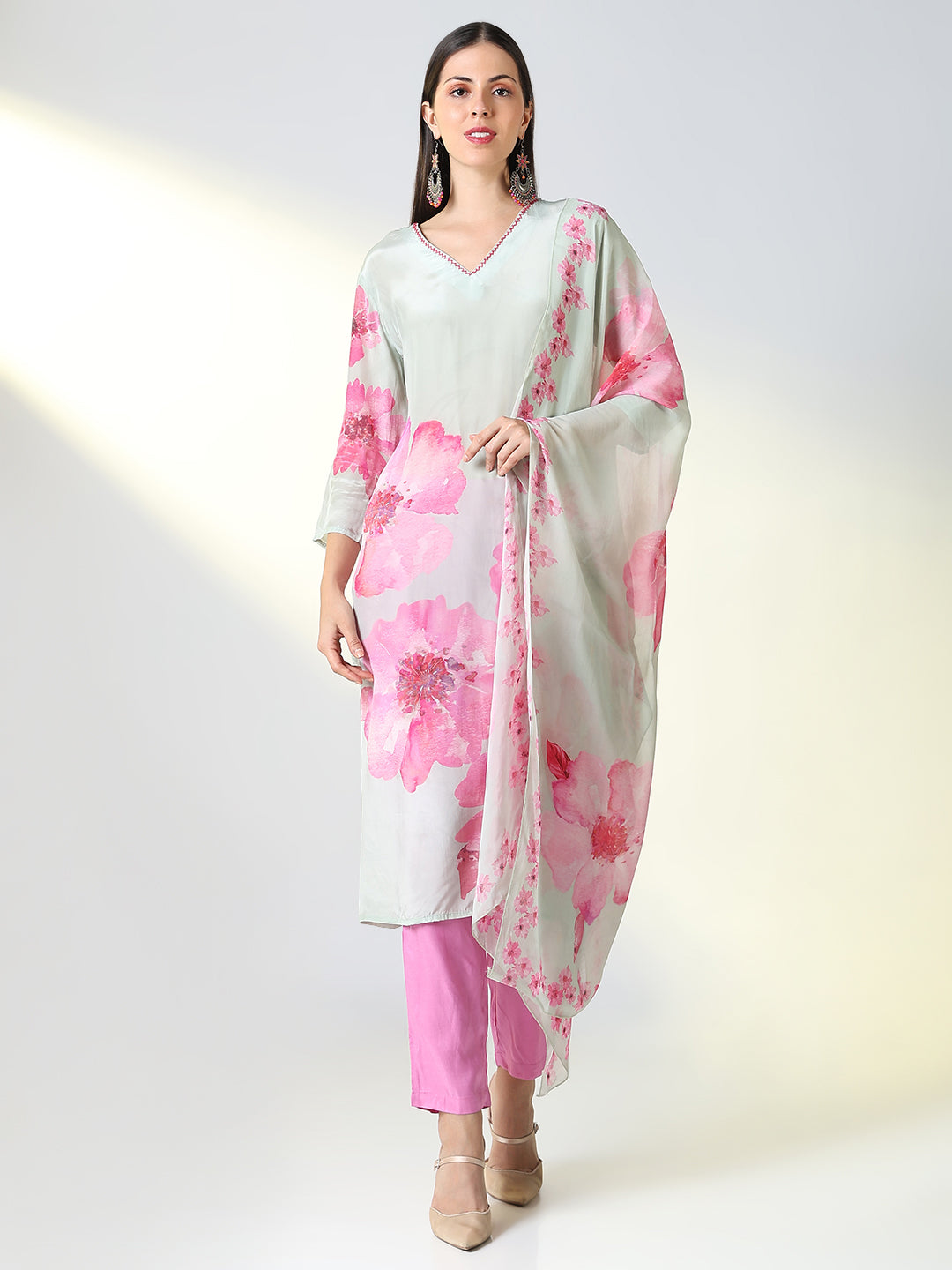 Women Grey Floral Straight Kurta Set with Dupatta