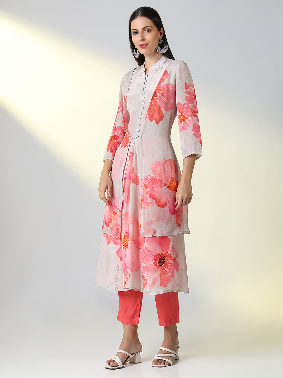 Women Grey Floral A Line Kurta Set