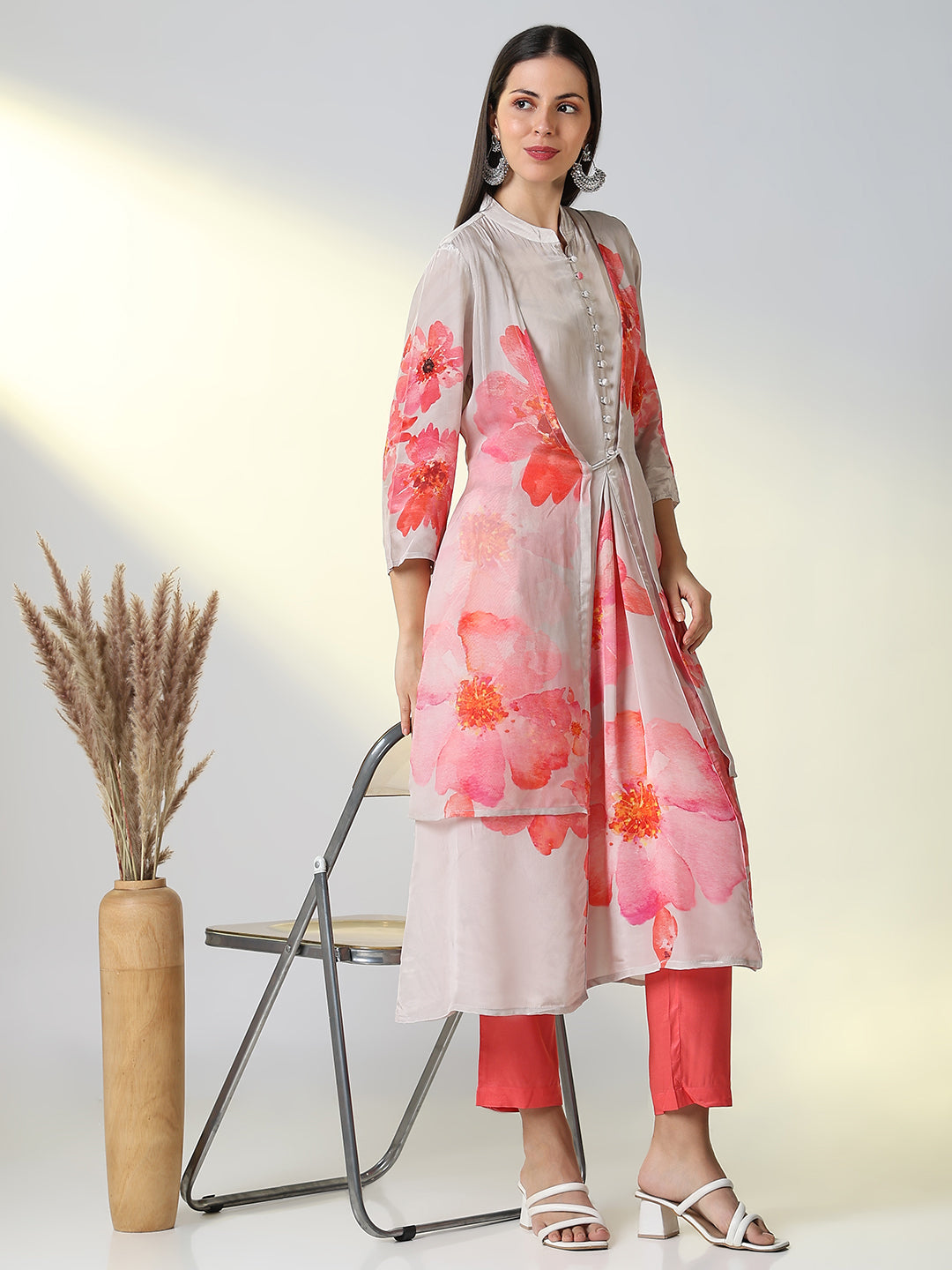 Women Grey Floral A Line Kurta Set