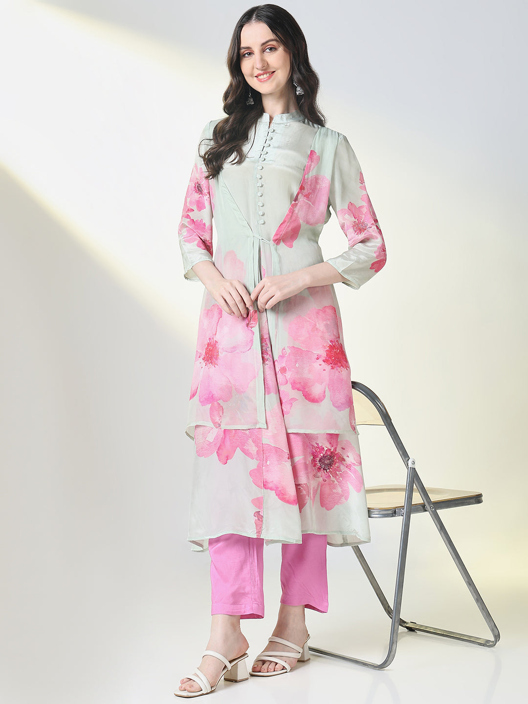 Women Sea Green Floral A Line Kurta Set