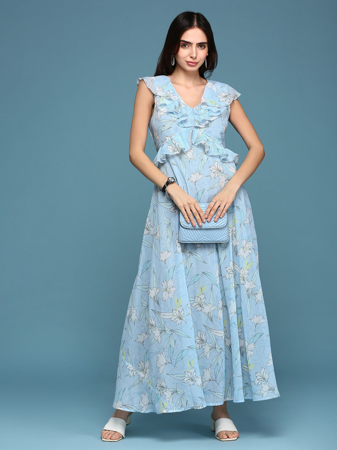 Women's Blue Printed Maxi Dress