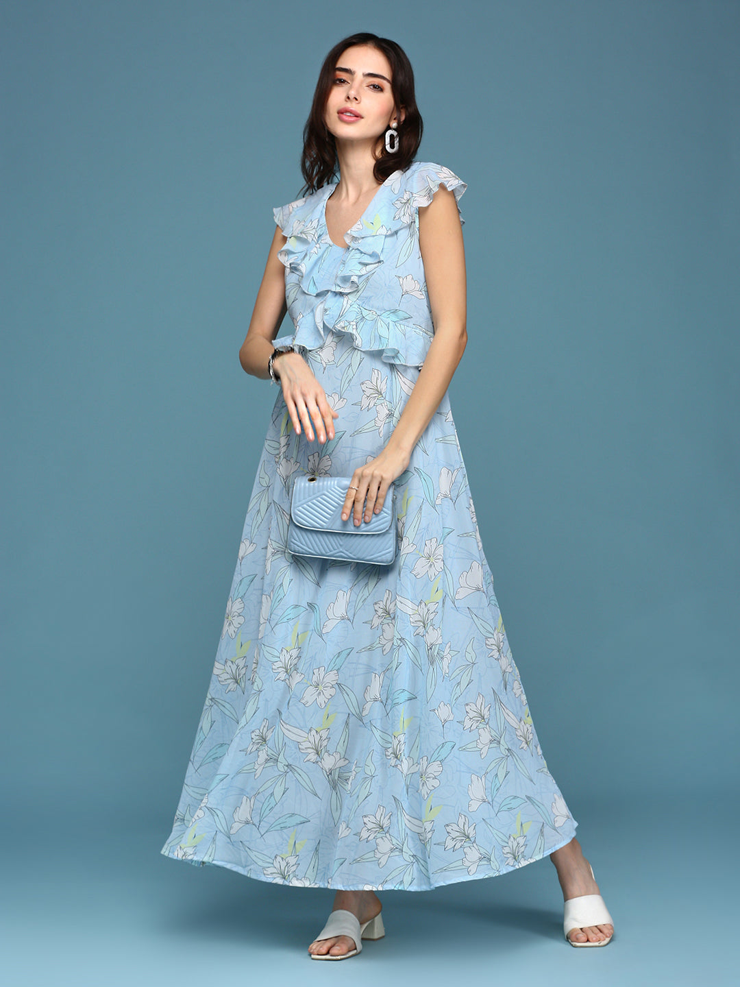 Women's Blue Printed Maxi Dress