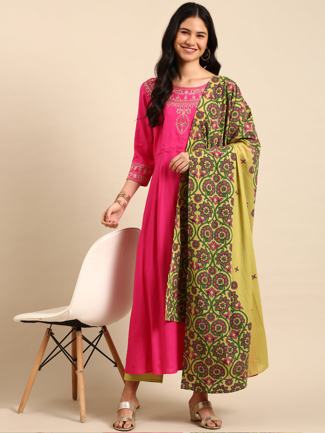 Women Solid Pink A-Line Kurta Set with Dupatta