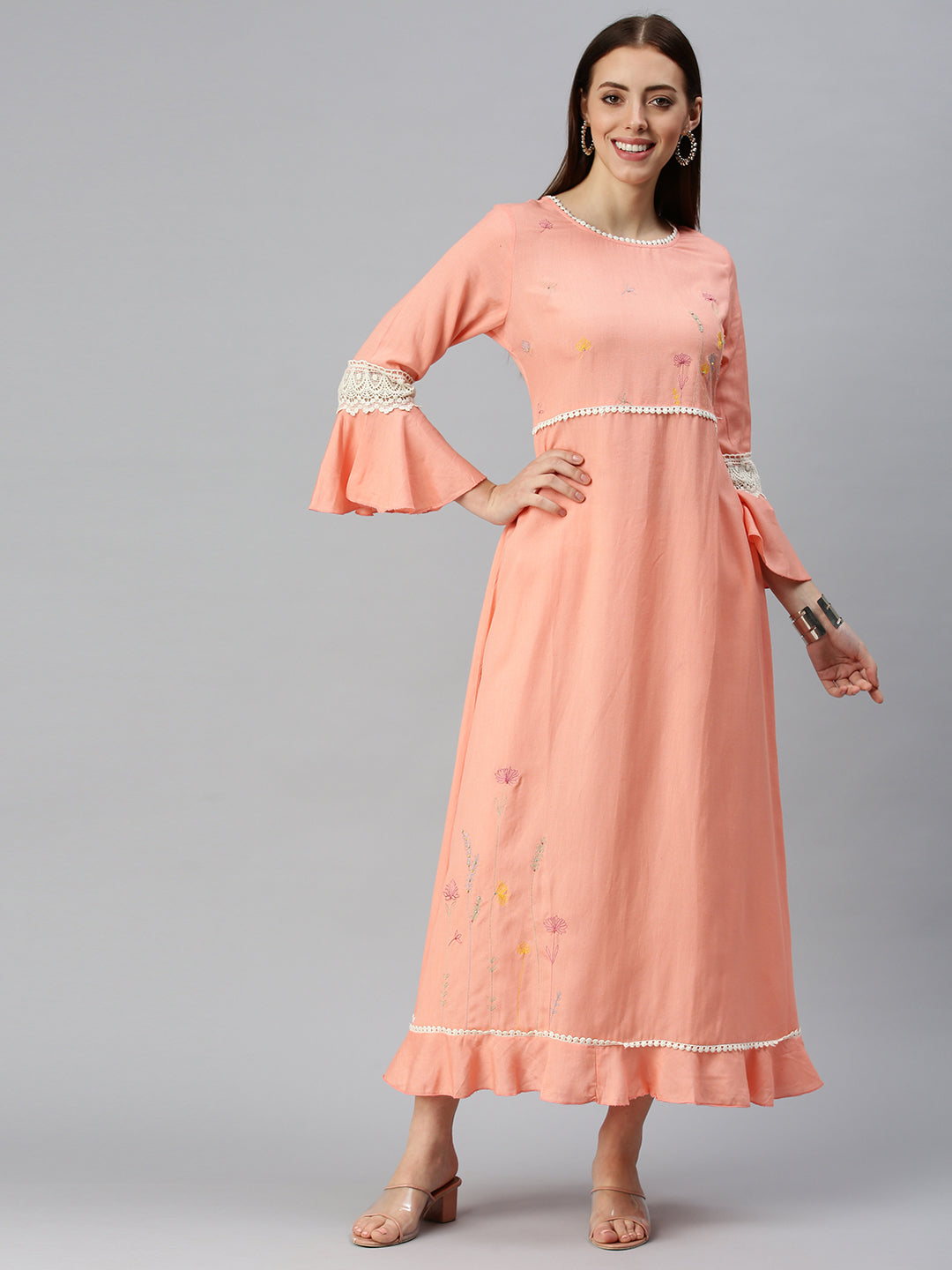 Women Yoke Design Peach A-Line Kurta