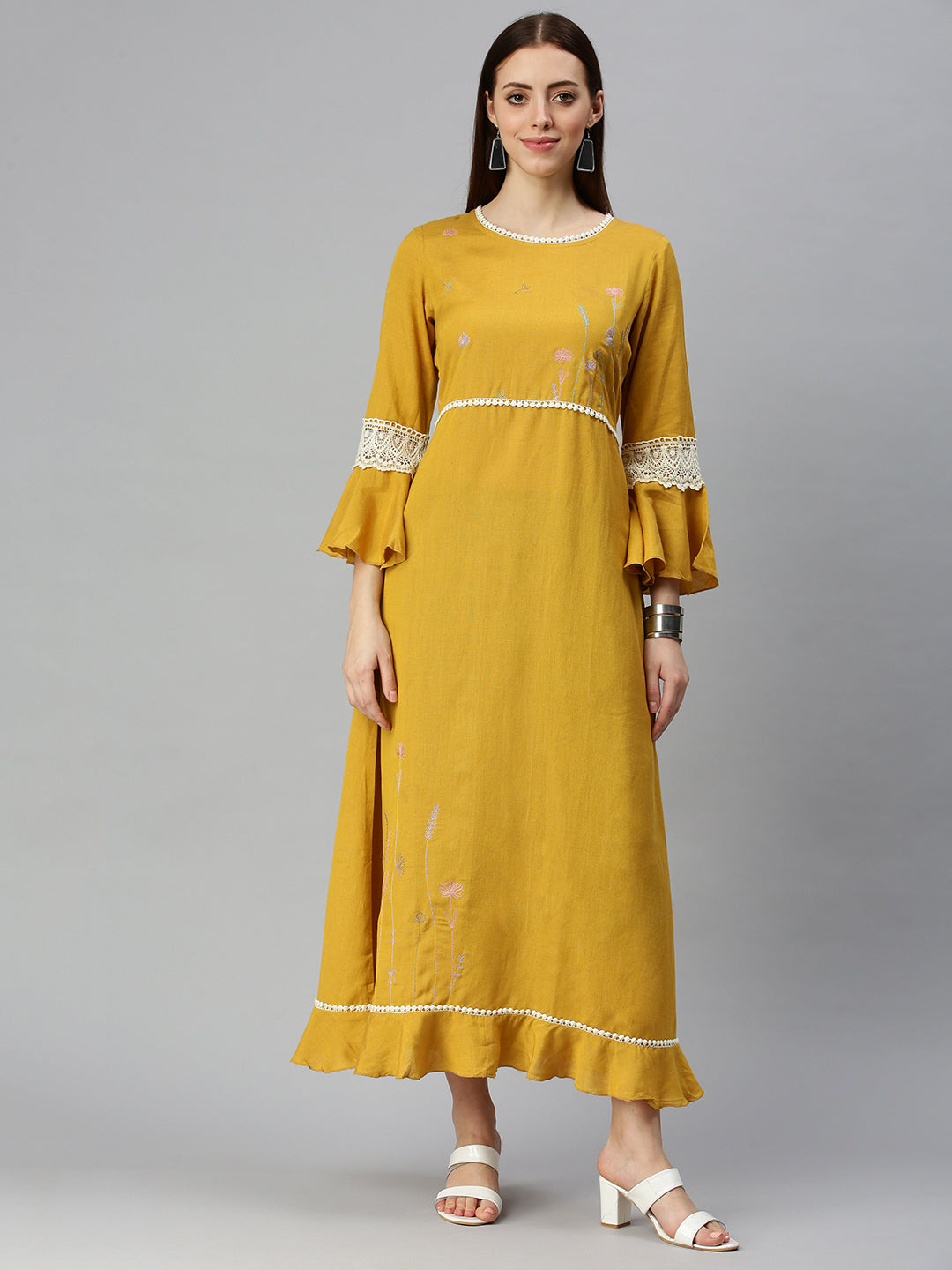 Women Yoke Design Mustard A-Line Kurta