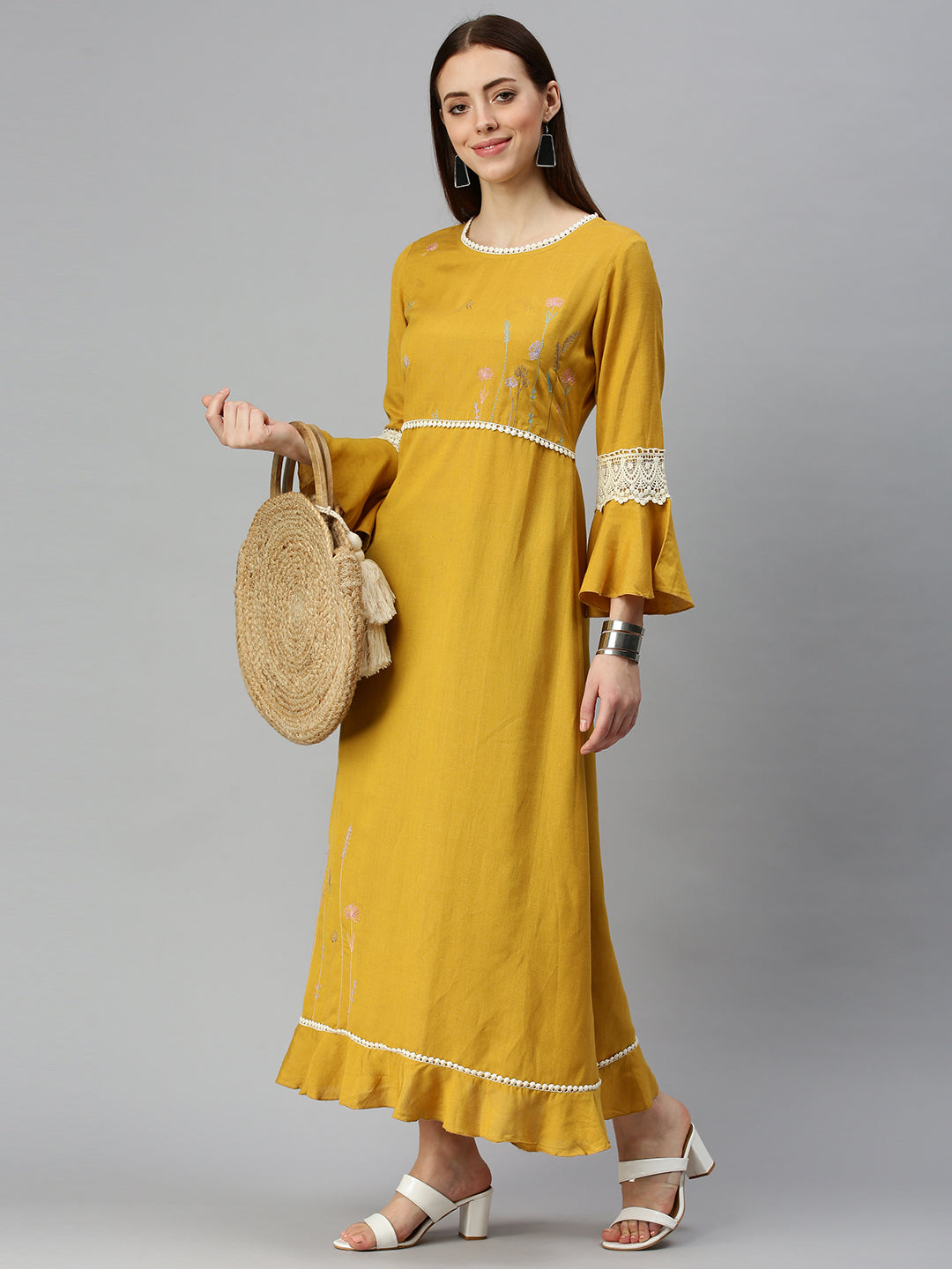 Women Yoke Design Mustard A-Line Kurta