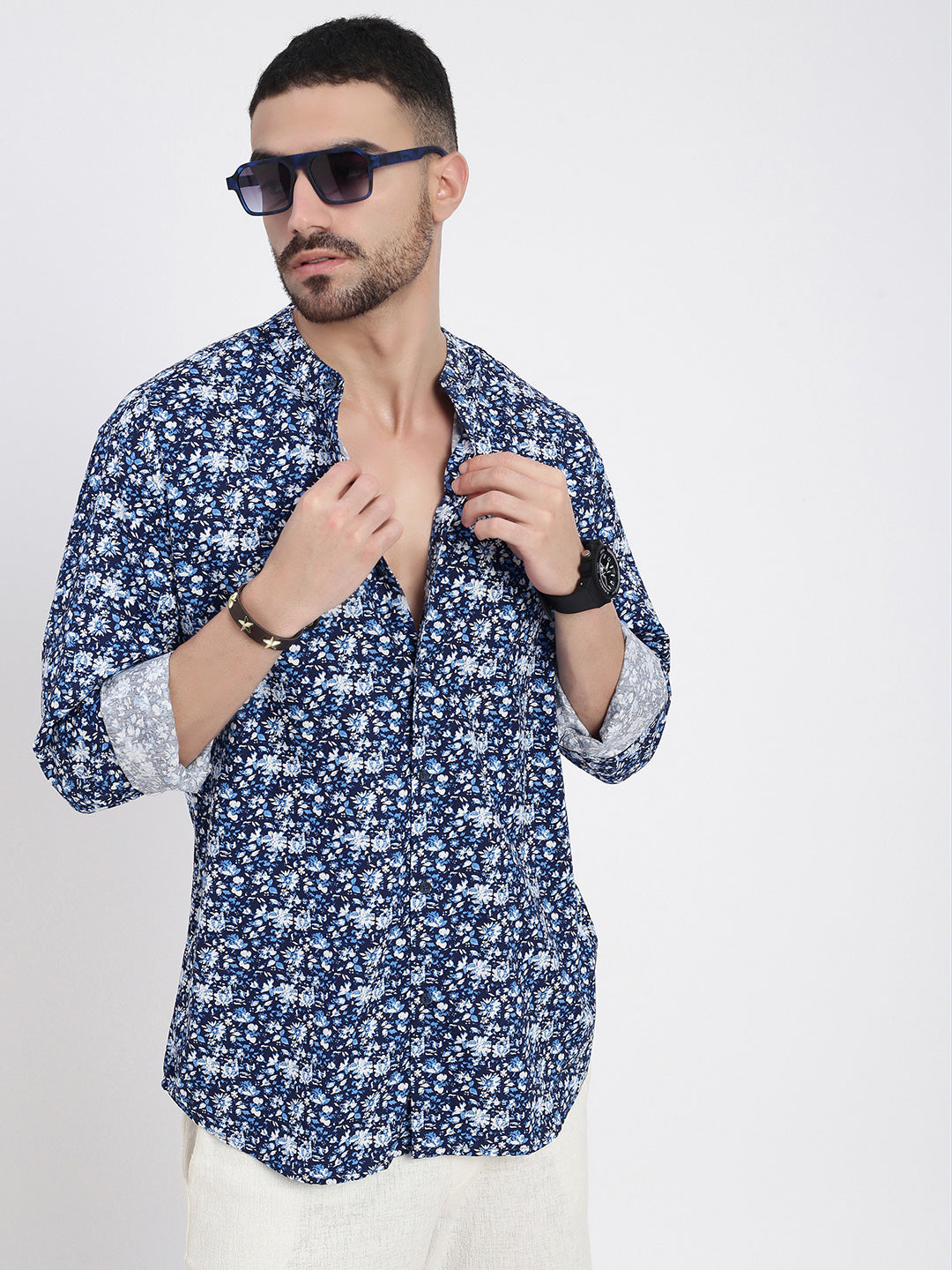 Men Navy Blue Printed Slim Fit Shirt