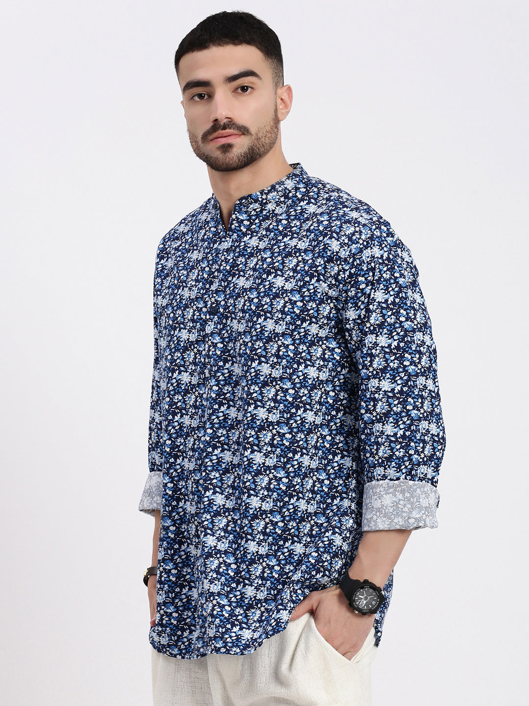 Men Navy Blue Printed Slim Fit Shirt