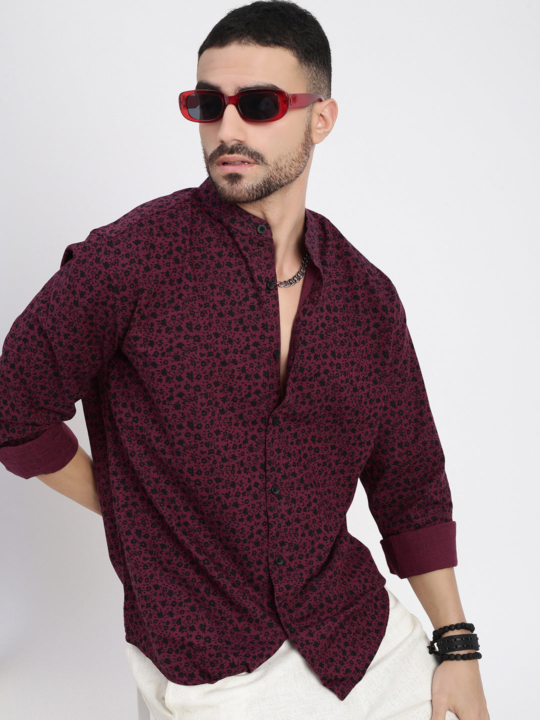 Men Maroon Printed Slim Fit Shirt