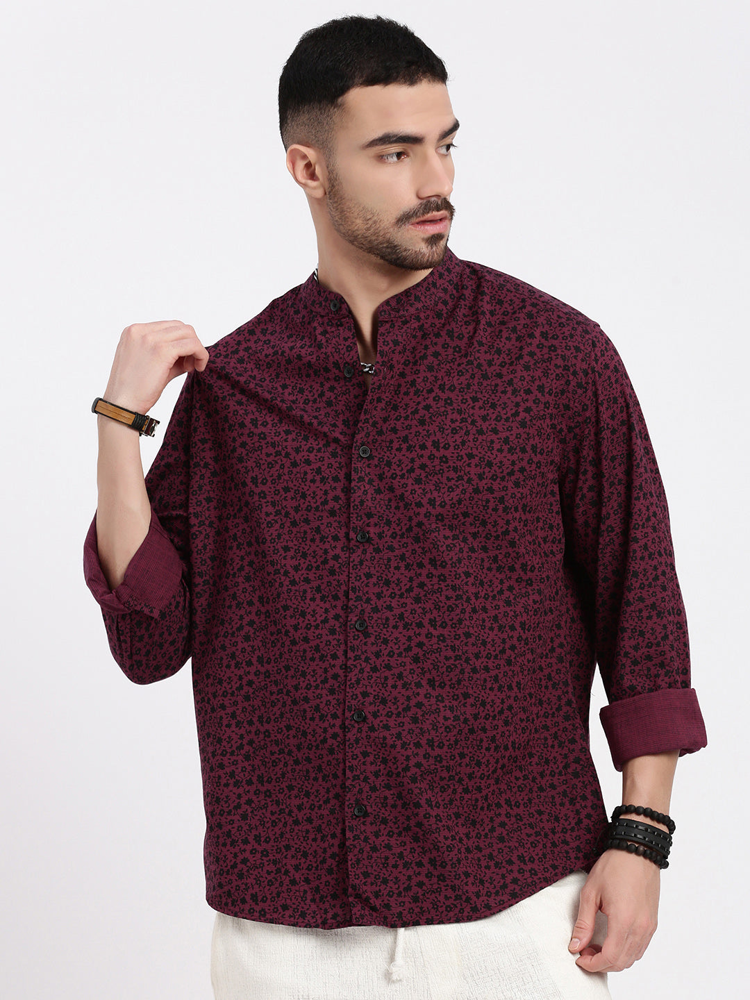 Men Maroon Printed Slim Fit Shirt