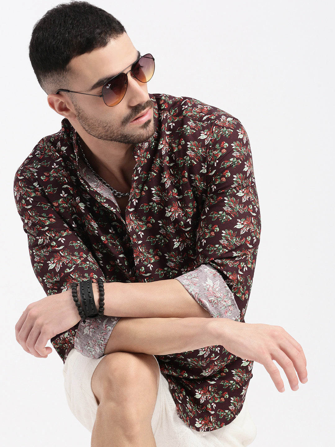 Men Burgundy Printed Slim Fit Shirt