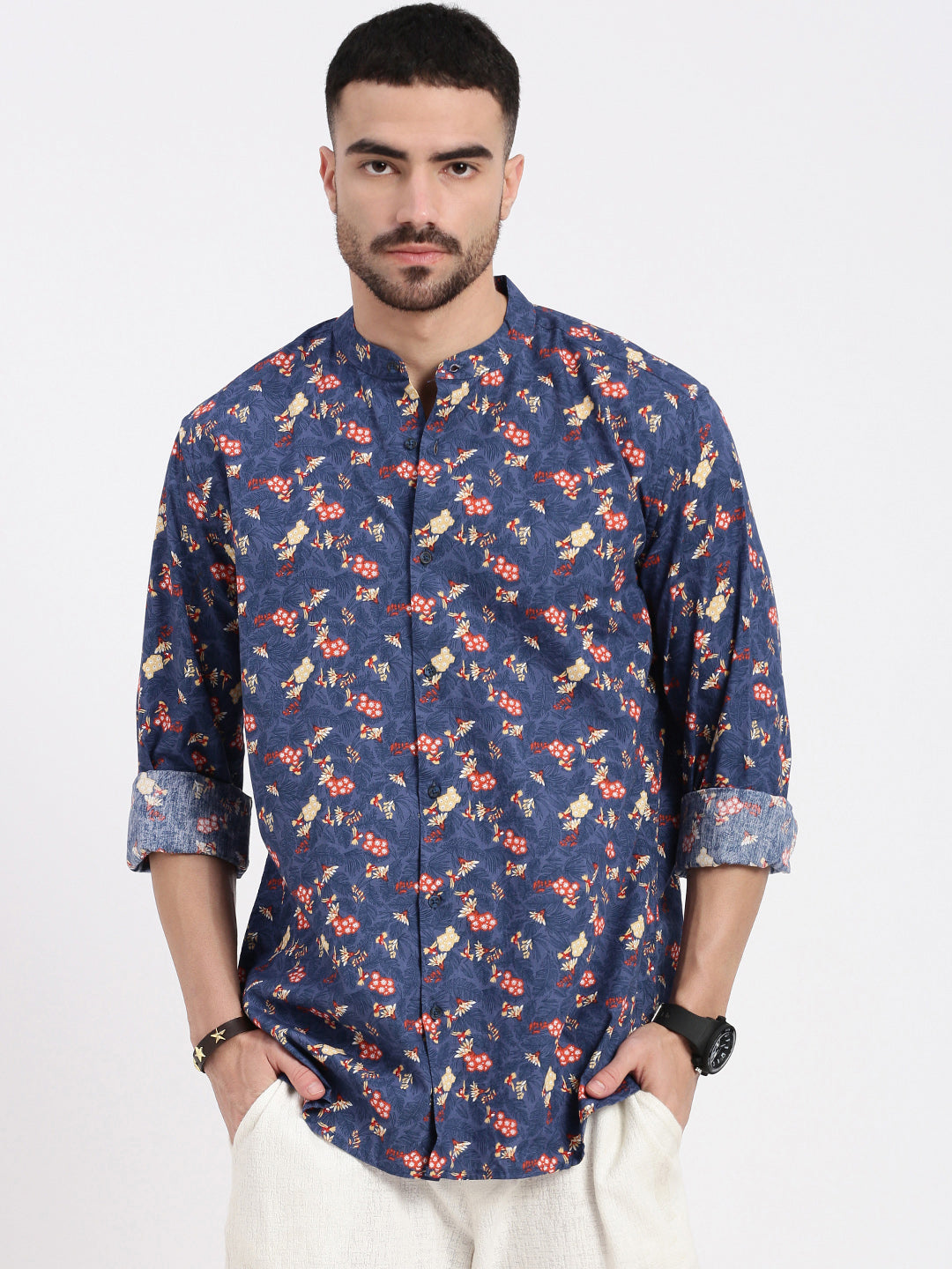 Men Blue Printed Slim Fit Shirt