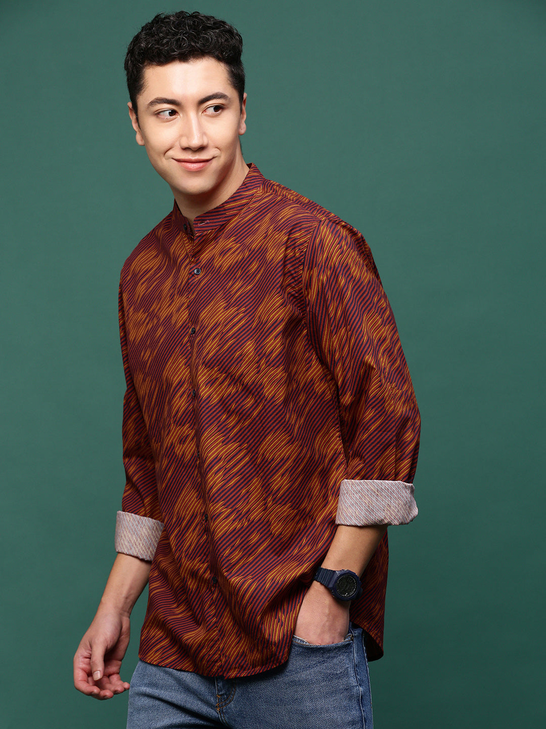 Men Rust Abstract Slim Fit Shirt