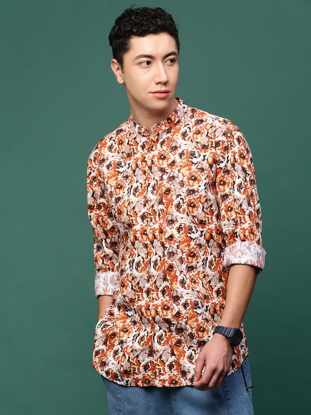 Men Orange Floral Slim Fit Shirt