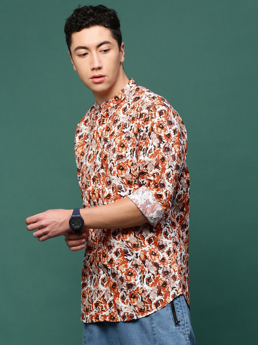 Men Orange Floral Slim Fit Shirt