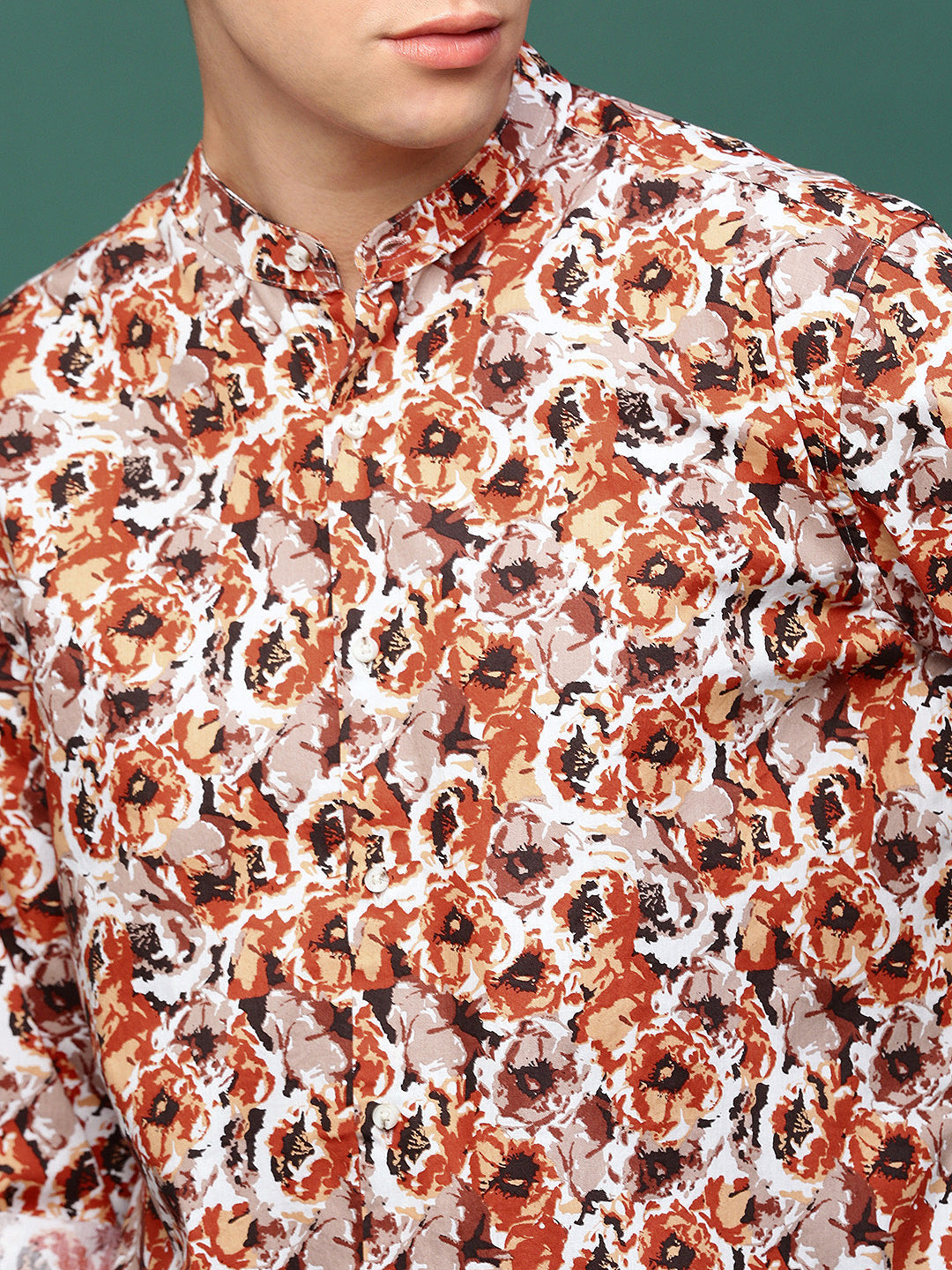 Men Orange Floral Slim Fit Shirt