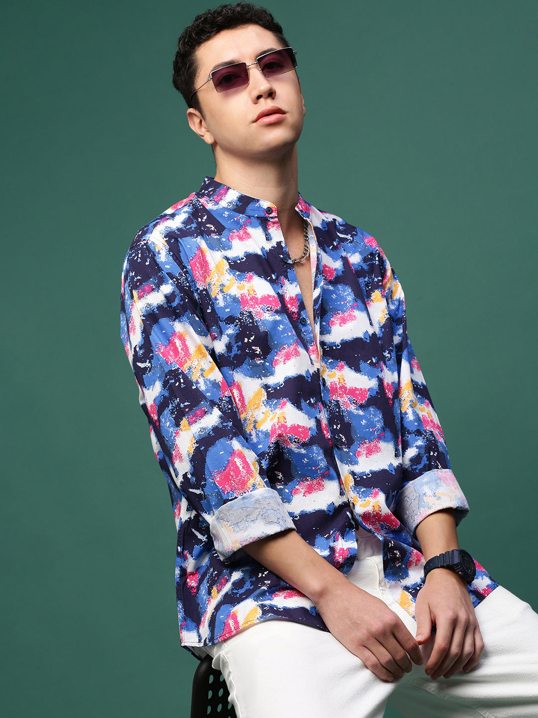 Men Blue Abstract Slim Fit Shirt