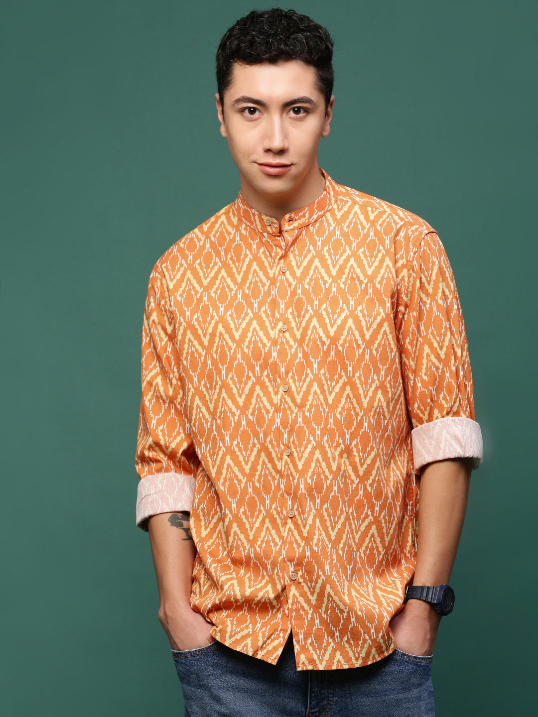 Men Orange Geometric Slim Fit Shirt