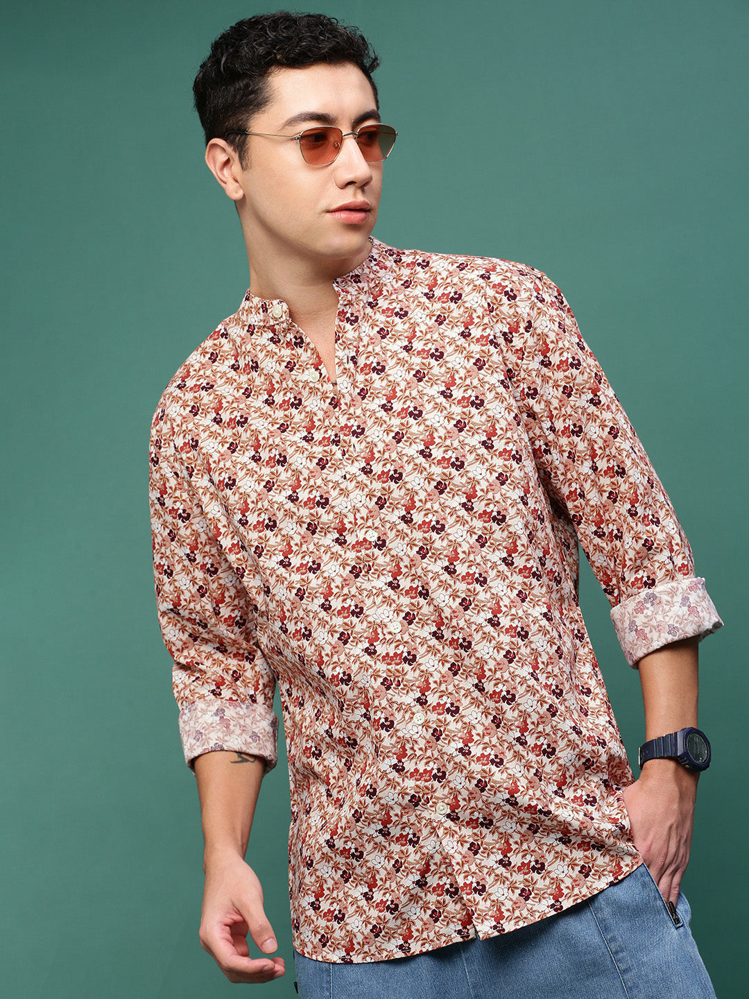 Men Brown Floral Slim Fit Shirt