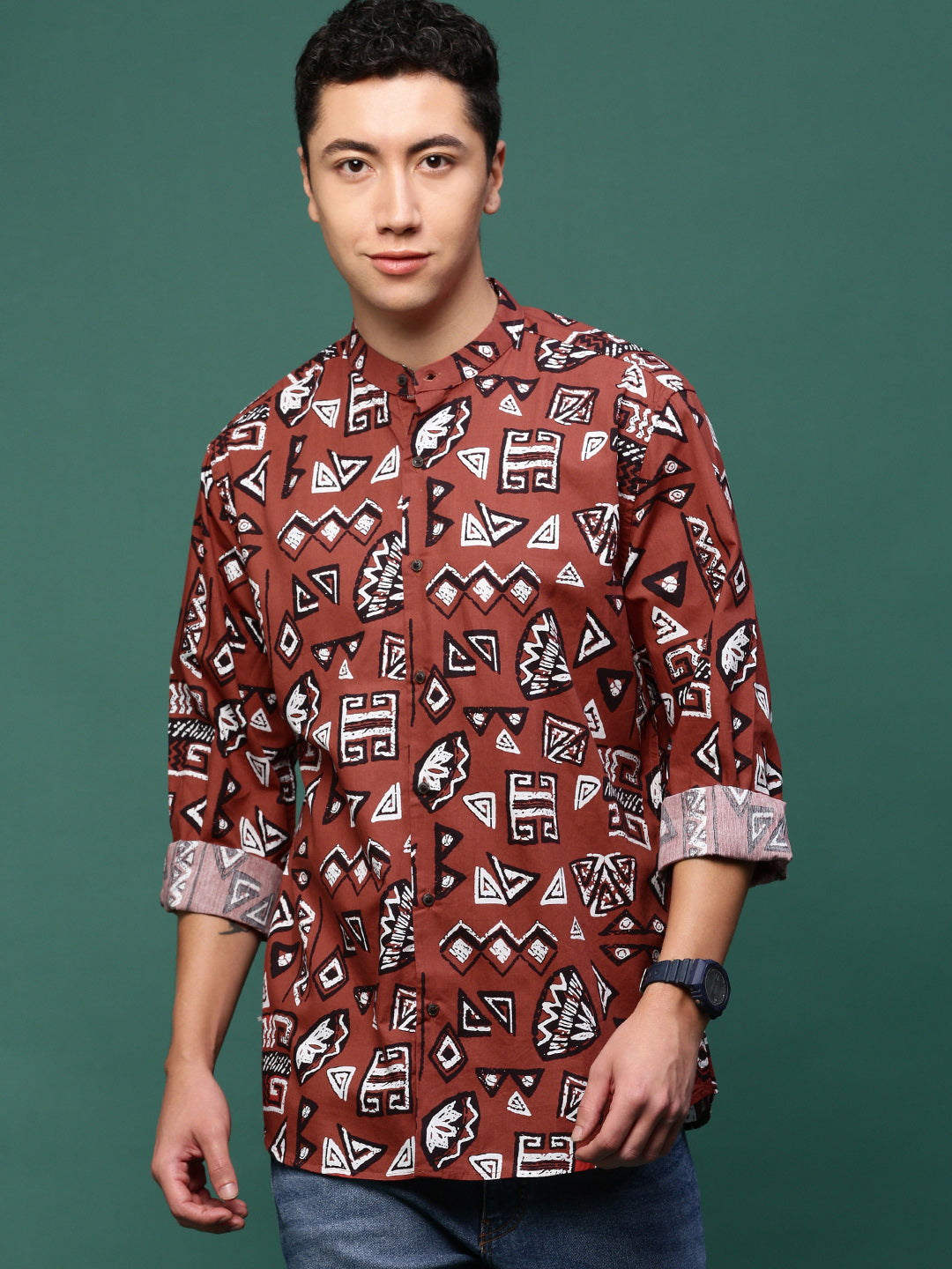 Men Rust Geometric Slim Fit Shirt