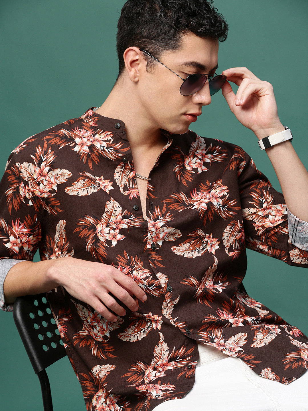 Men Brown Floral Slim Fit Shirt