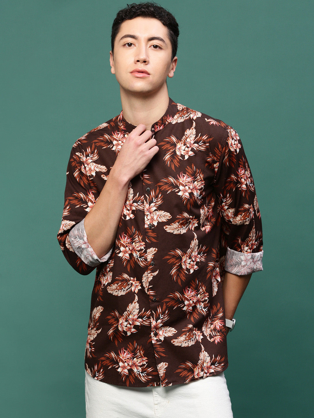 Men Brown Floral Slim Fit Shirt