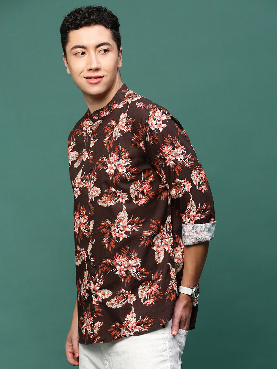 Men Brown Floral Slim Fit Shirt