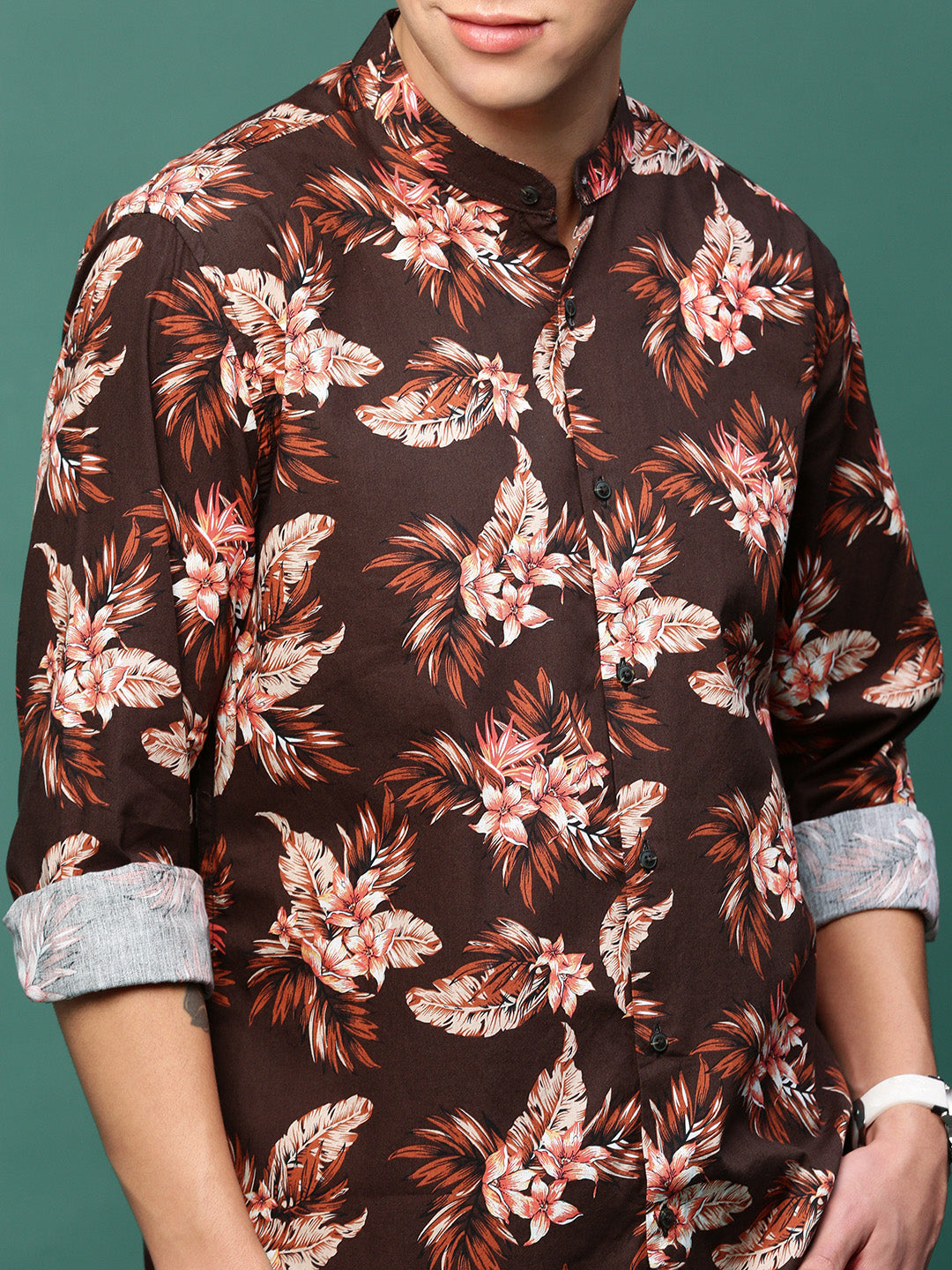 Men Brown Floral Slim Fit Shirt