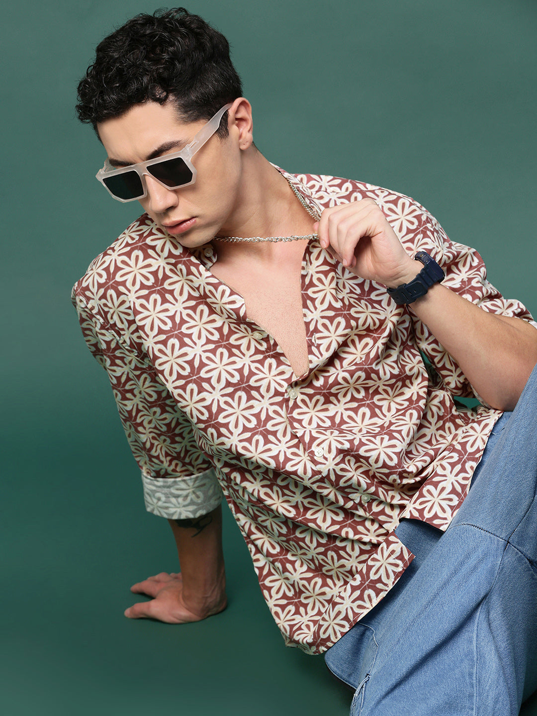 Men Brown Floral Slim Fit Shirt