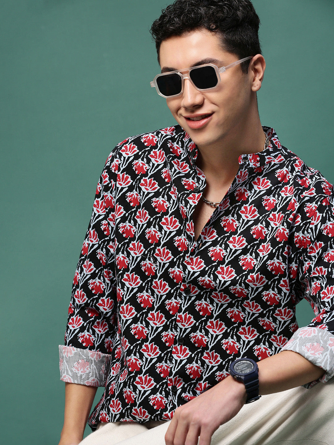 Men Black Floral Slim Fit Shirt