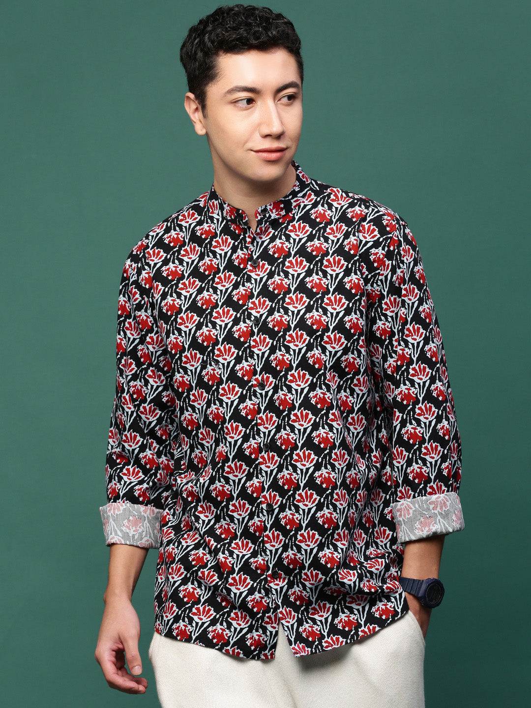 Men Black Floral Slim Fit Shirt