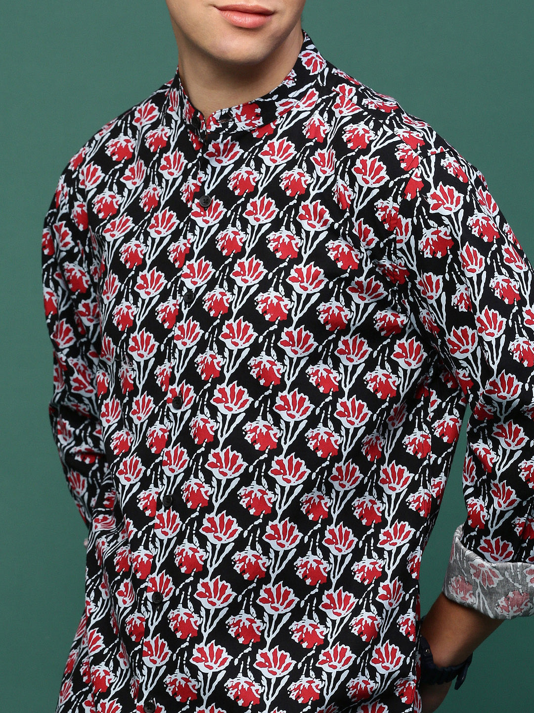 Men Black Floral Slim Fit Shirt