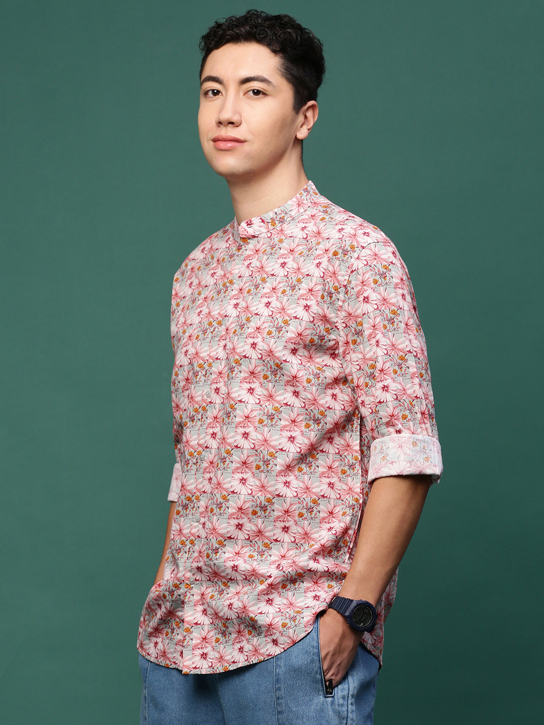 Men Pink Floral Slim Fit Shirt