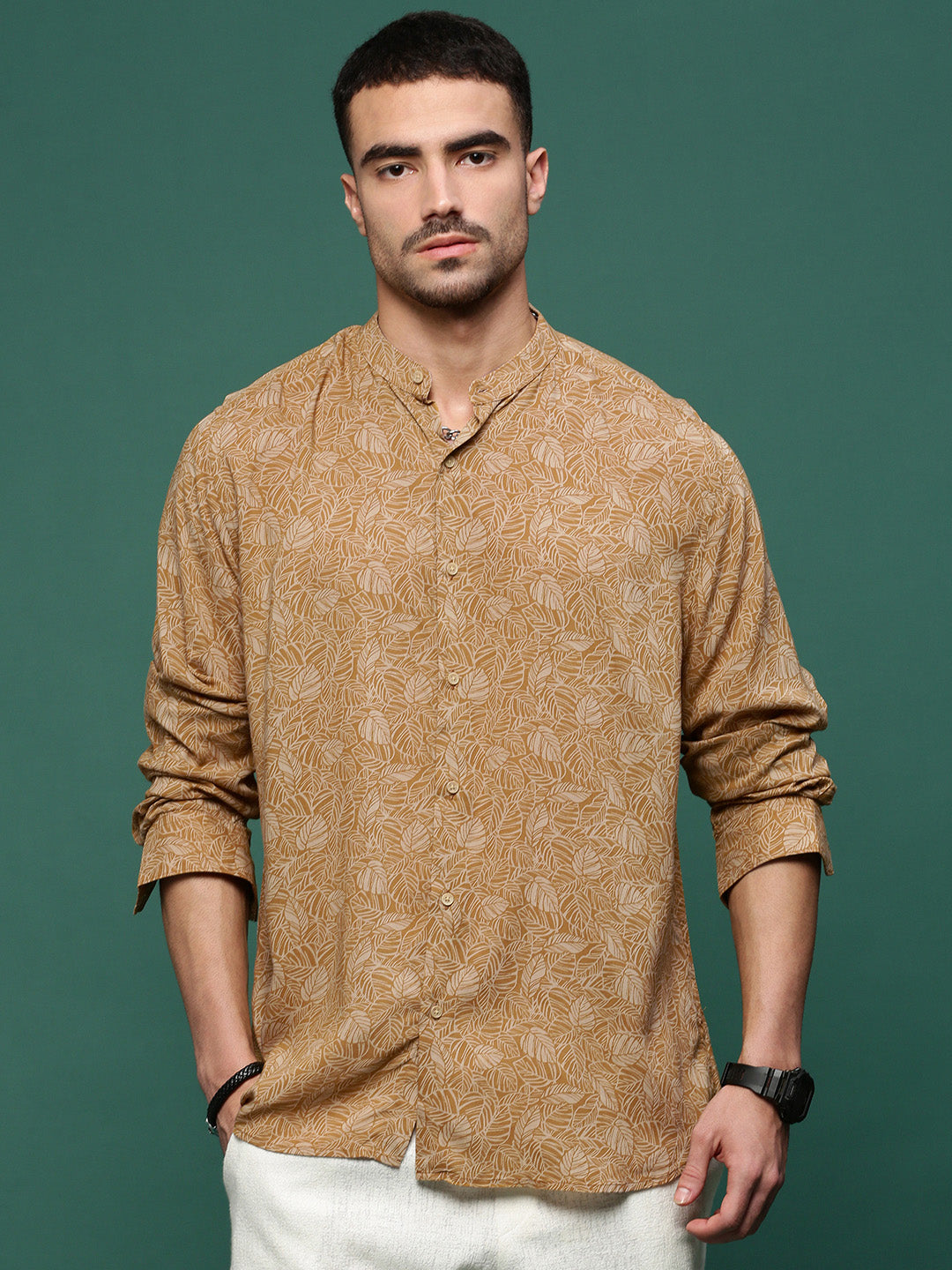 Men Mustard Floral Slim Fit Shirt