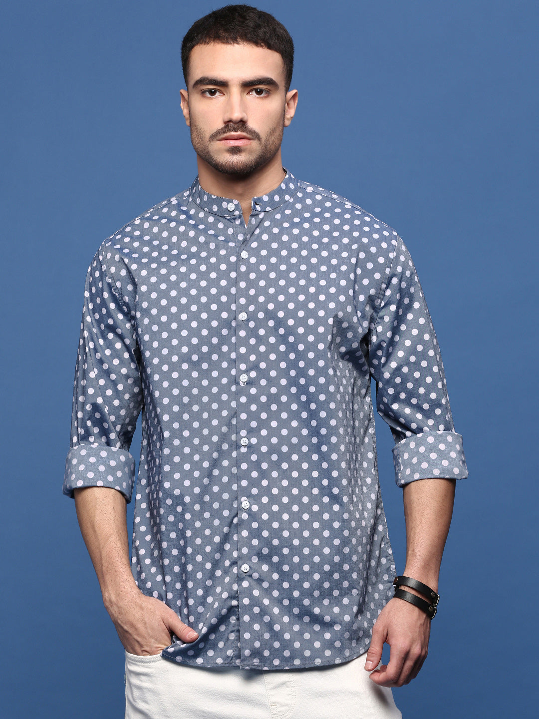 Men Grey Polka Dots Slim Fit Shirt