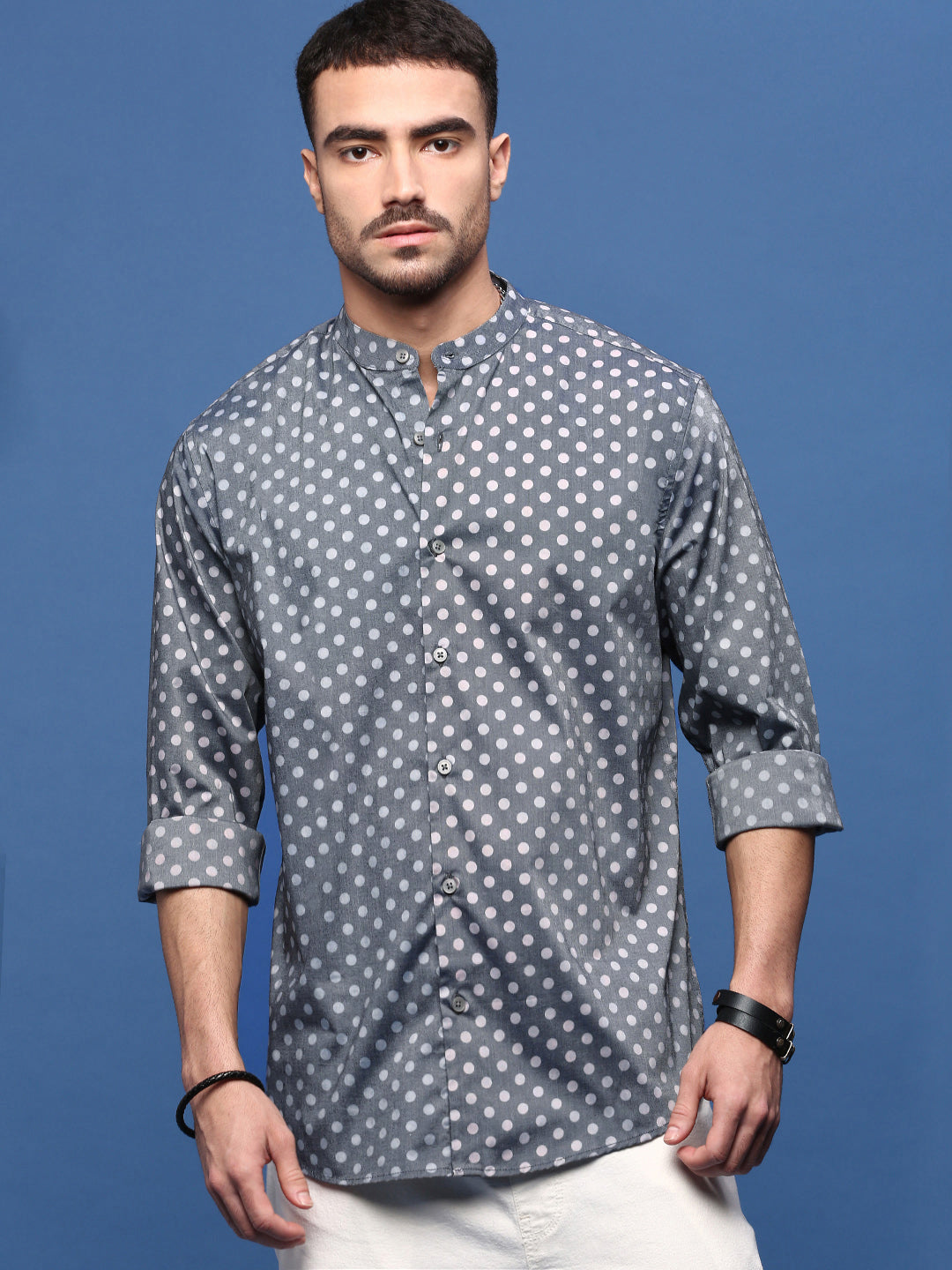 Men Grey Polka Dots Slim Fit Shirt