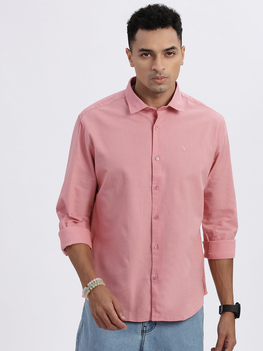 Men Peach Solid Slim Fit Shirt