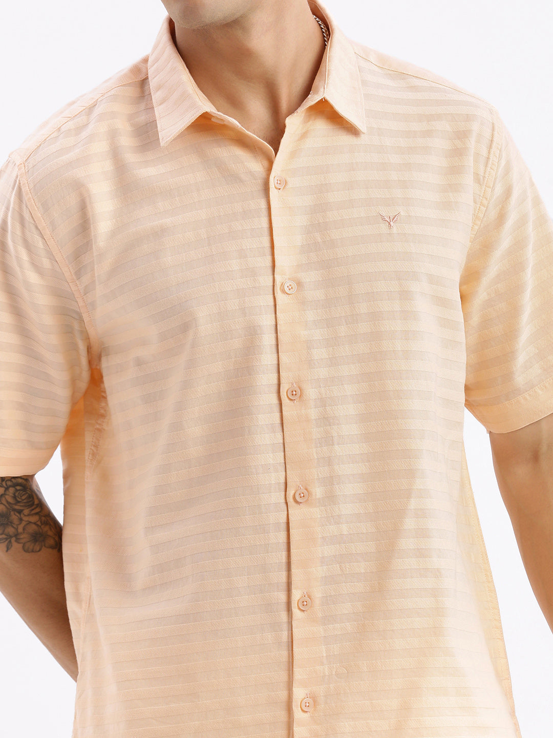 Men Spread Collar Solid Slim Fit Peach Shirt