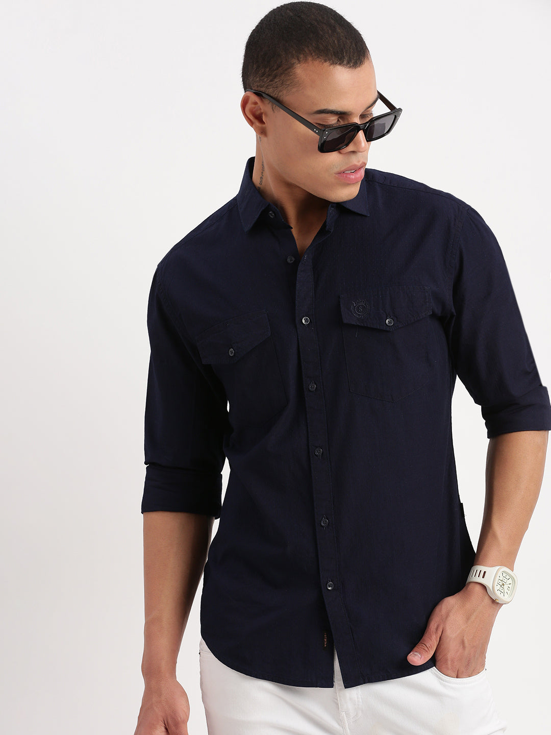 Men Solid Navy Blue Shirt