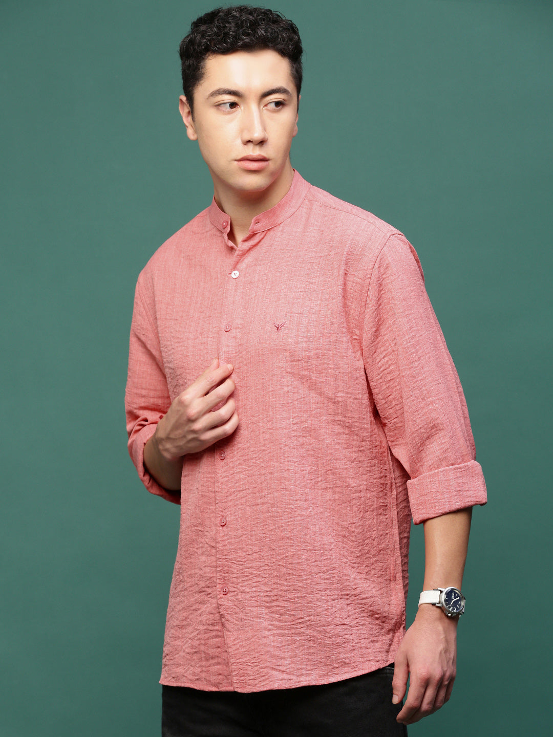 Men Peach Solid Slim Fit Shirt