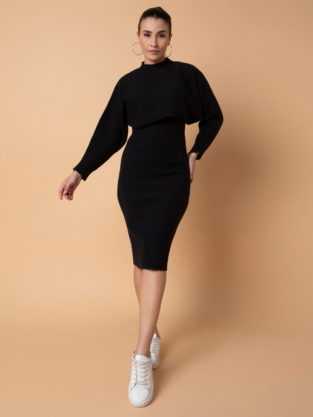 Women Solid Black Bodycon Dress with Top
