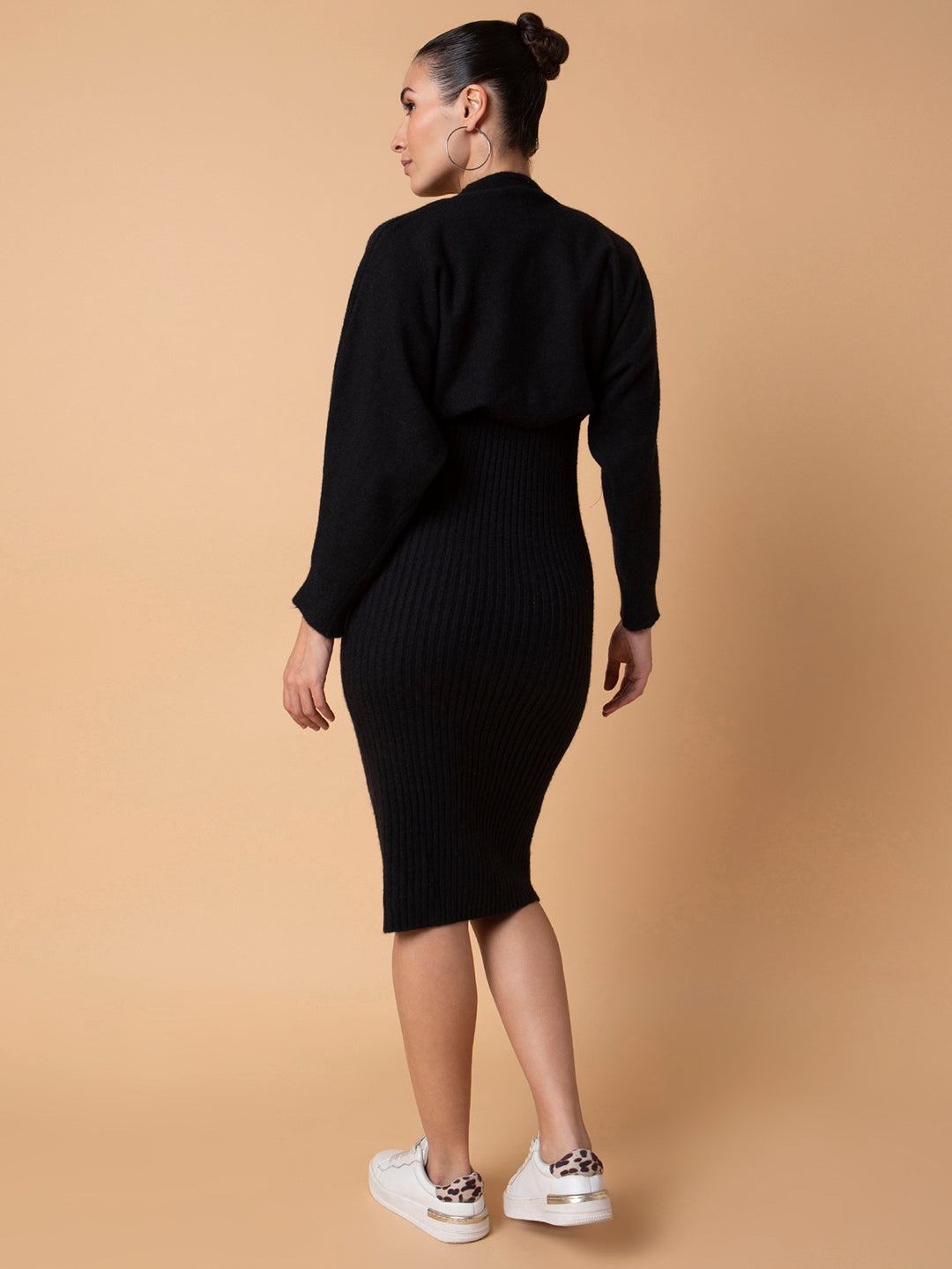 Women Solid Black Bodycon Dress with Top