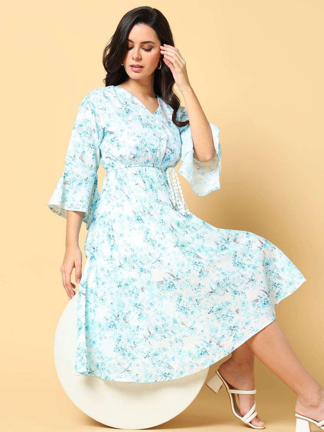 Women Printed Blue Fit and Flare Dress