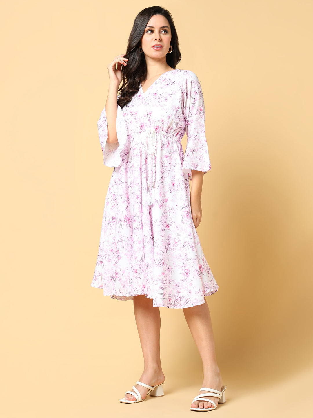 Women Printed Pink Fit and Flare Dress