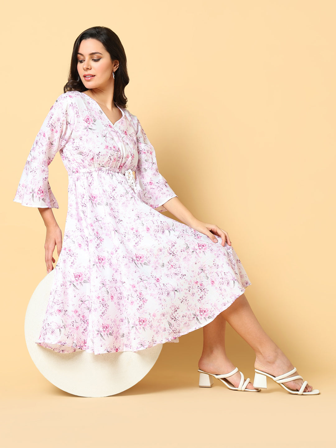 Women Printed Pink Fit and Flare Dress